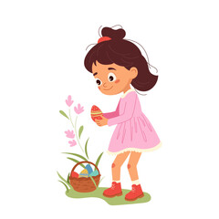 Cartoon pretty little girl putting easter egg in basket Joyful Easter egg hunt during holiday festivities Ideal vector illustration, character design for typography, greeting cards, flyers, invitation