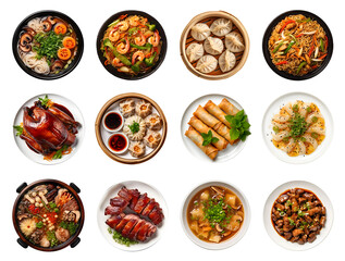 Top view collection of menu Chinese food in plate tasty, roasted peking duck, dim sum, Stir fry noodles, Red pork and dipping sauce, Fried spring rolls, isolated on white background, png
