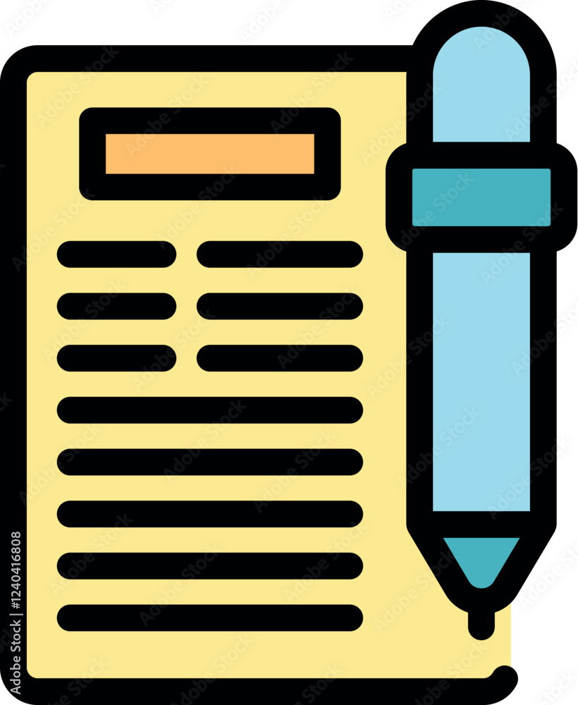 Poster stylized icon of a pen completing a contract signing or writing notes on a document