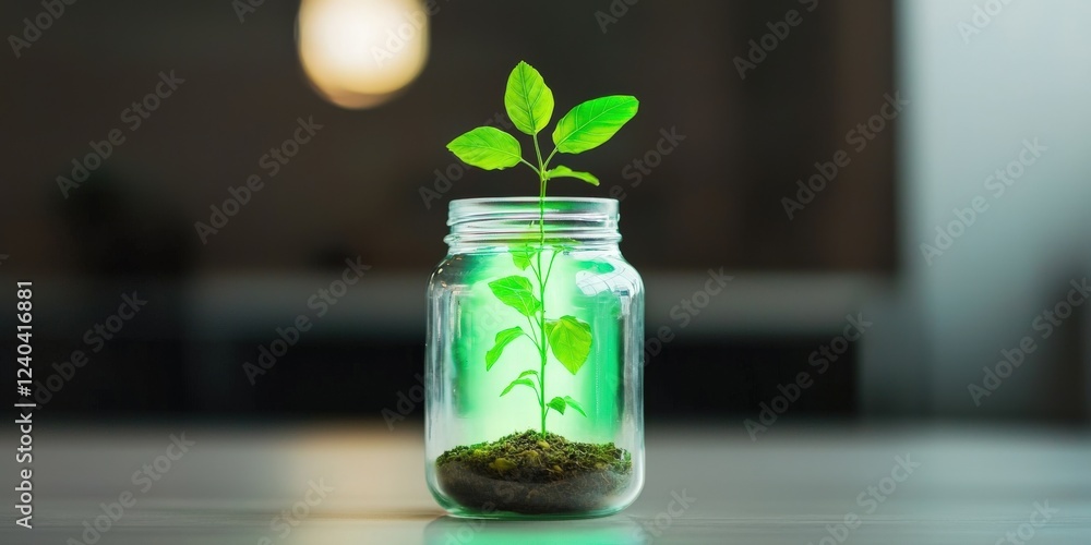 Poster pm 2.5 particles impact concept. a plant growing in a jar with soil, illuminated softly in a dark se