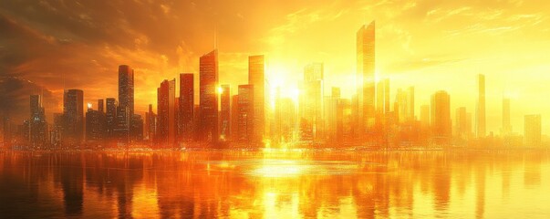 Obraz premium A vibrant city skyline at sunset, reflecting warm hues in the water, creating a picturesque and serene atmosphere.
