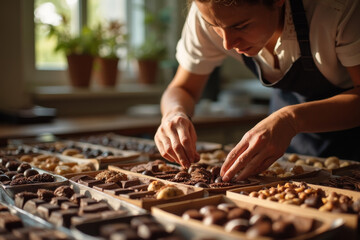 Pastry chef carefully arranging handmade chocolates and pralines in a cozy artisan kitchen