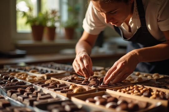 Pastry chef carefully arranging handmade chocolates and pralines in a cozy artisan kitchen