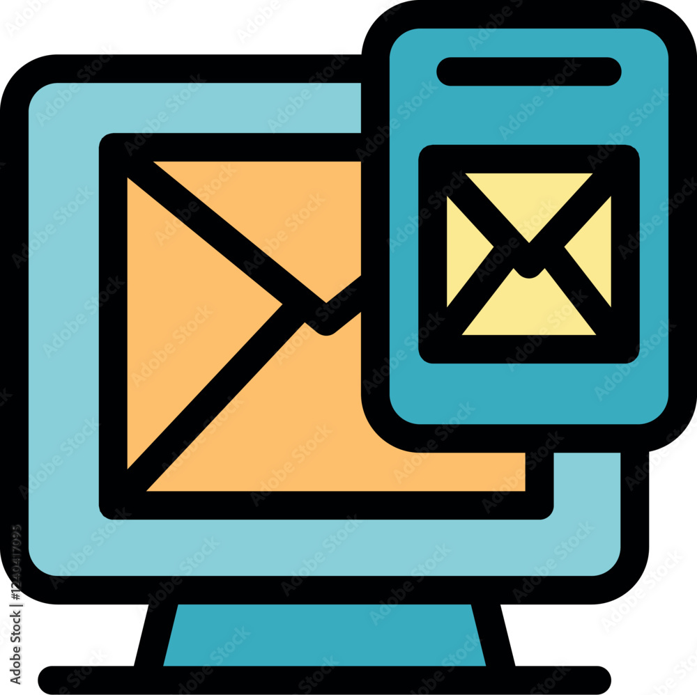 Poster email marketing campaign sending messages to clients using a computer and a smartphone app