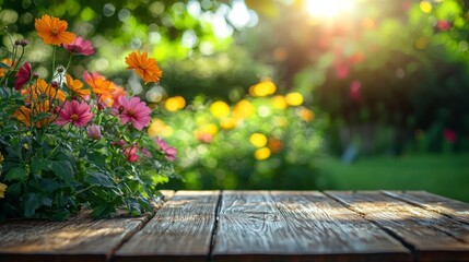 Brightly colored flowers in shades of pink and orange flourish in a lush garden, bathed in soft golden sunlight. A rustic wooden table adds charm to this peaceful setting, creating a perfect escape