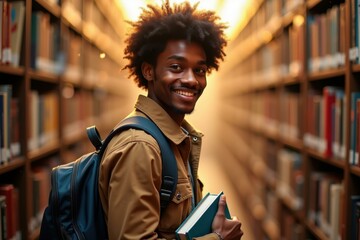 Smiling young African American male student with curly hair, carrying backpack and books, standing in library aisle, education concept, learning, knowledge, warm ambient lighting, focused, academic e