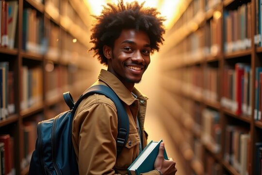 Smiling young African American male student with curly hair, carrying backpack and books, standing in library aisle, education concept, learning, knowledge, warm ambient lighting, focused, academic e