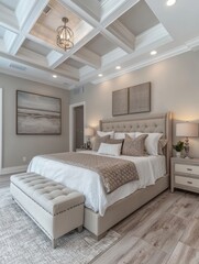 Fototapeta premium Modern bedroom design elegant home interior photography cozy environment wide angle stylish living