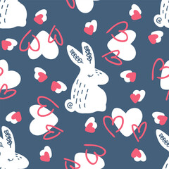Romantic seamless pattern with hearts and sleepy bunnies. Valentine print for fabric, paper, textile. Doodle vector illustration
