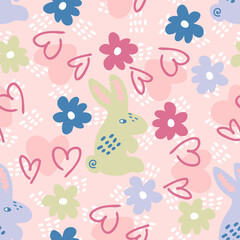 Hand drawn seamless pattern with bunnies and daisy on spotted background. Romantic print for fabric, paper, textile. Doodle vector illustration.