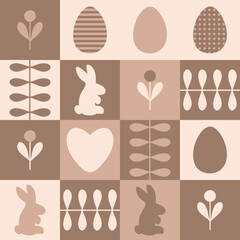 Easter rabbits, eggs and flowers springtime pattern. Perfect print for poster, card, banner, tablecloth. Great design for any project.