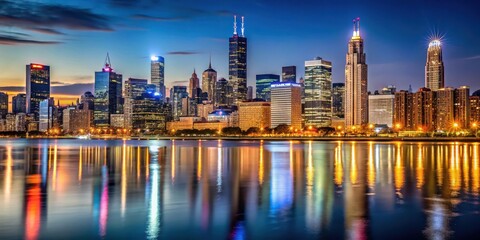Fototapeta premium Chicago Downtown Skyline at Night with Lights and Reflections, skyline, city, skyline, city, contemporary, evening