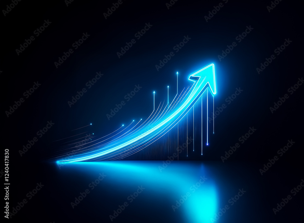 Aufkleber glowing blue arrow ascends, symbolizing growth and progress, with light trails depicting data stream