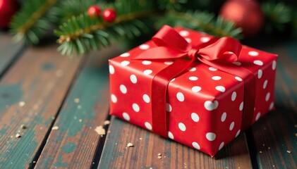 Obraz premium Red box wrapped in a red and white polka dot paper with a matching red ribbon tied around the lid, holiday item, gift wrap, red and white dots