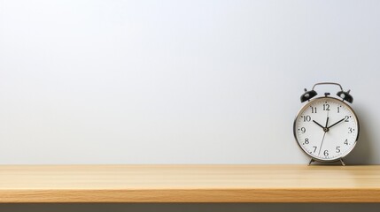 Naklejka premium Simple Alarm Clock on Wooden Shelf Against White Wall