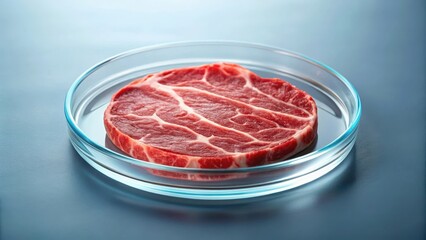 A lab-grown meat cell culture in a petri dish with visible cells and nutrients