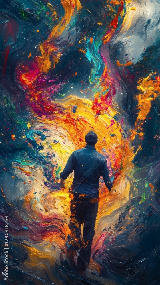 Poster stunning 3d portrayal of a painter splashing vibrant hues onto a canvas shaping the figure of a man 