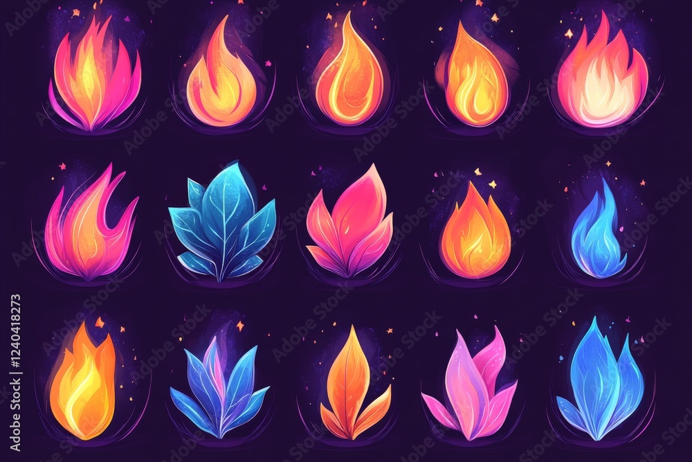 Poster colorful and vibrant fire and leaf icons on a dark background showcasing different shapes and styles