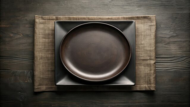 Dark black wooden dinner plate on rectangular background with a simple, elegant design, rectangular tablecloth , minimalist style