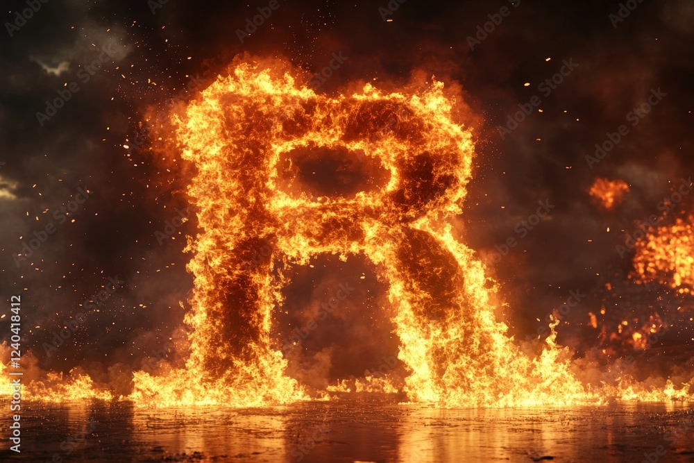 Poster flaming letter r stands out against a dark smoky backdrop at dawn with dramatic lighting and intense