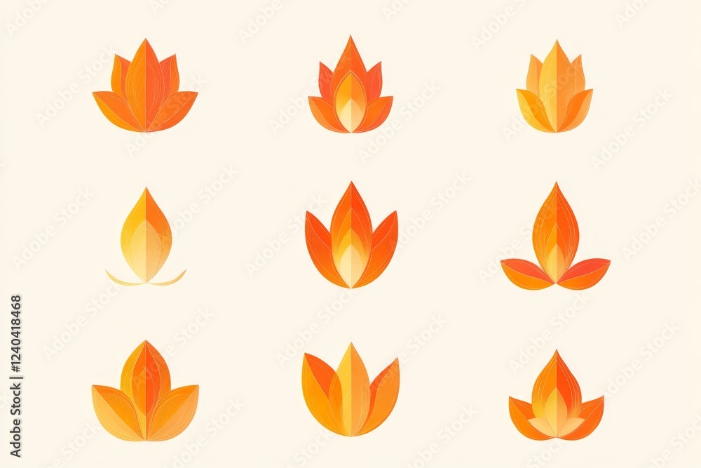 Poster colorful abstract floral patterns showcasing vibrant orange hues arranged in a grid format