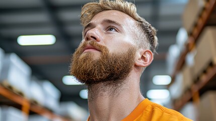 Warehouse worker looks up, pondering logistics