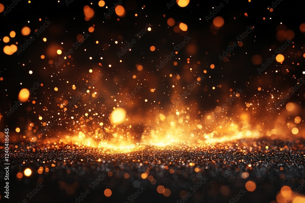 Poster Glowing sparks and particles illuminate a dark background creating a magical atmosphere at night
