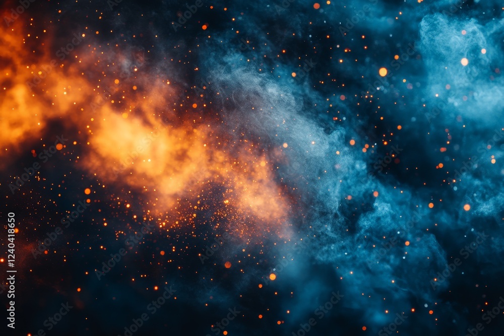 Poster cosmic interplay of fiery orange and cool blue hues creating a stunning visual spectacle in the univ