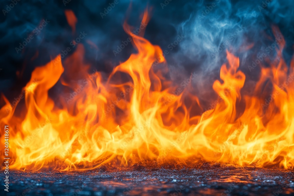 Poster Bright flames dance above a surface creating an intense and mesmerizing fire display