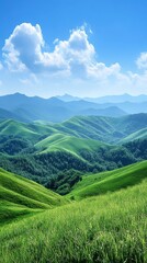 Obraz premium Lush green hills stretch under a bright blue sky, creating a serene landscape that invites tranquility and exploration.