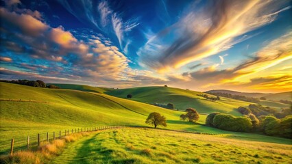 Fototapeta premium Pasture at sunset with a vast expanse of rolling hills and a brilliant blue sky with just a few wispy clouds , hillside, field