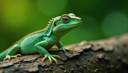 Naklejka premium Reptil sitzt auf dem Boden und schaut direkt in die Kamera, gr?n, kamera, sitzen