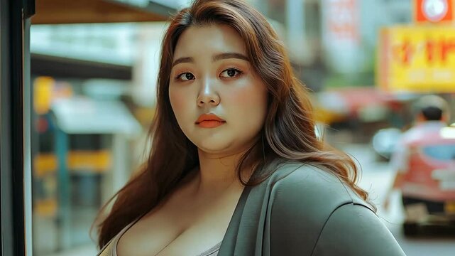 overweight fat Asian woman worry face expression standing at bustling city street 
