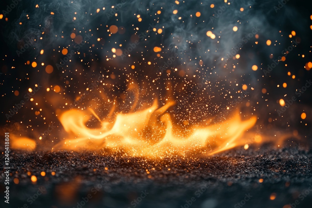 Poster Vibrant flames and sparkling embers dance in a dark setting creating a stunning visual display of fire