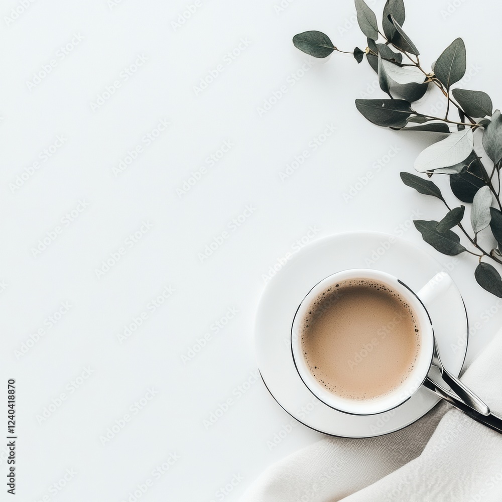 Aufkleber elegant coffee cup on a minimalistic table with green leaves beside it, perfect for creative project