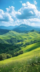 Fototapeta premium A serene landscape featuring rolling green hills, a distant mountain, and a bright blue sky with fluffy clouds, evoking a sense of tranquility and natural beauty.