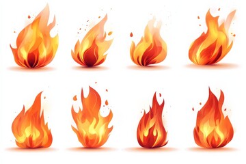 Various representations of flames showcasing different shapes, sizes, and intensity of fire elements in a stylized format