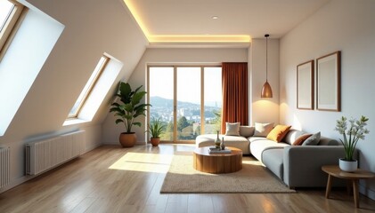 Modern attic apartment with minimalist design, large windows, stylish, white, attic