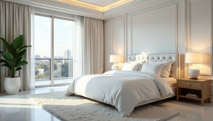 Opulent white bedroom, plush bedding, elegant decor, artwork, sleep, pillows