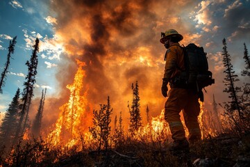 Obraz premium Wildfire fighter protecting forest during intense blaze at sunset in remote location