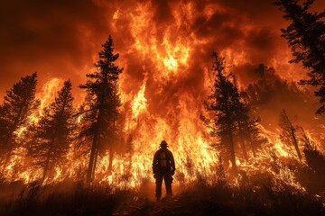 Fototapeta premium Firefighter battling a massive wildfire in a forest during a dramatic evening sky