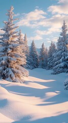 Obraz premium A tranquil winter landscape featuring snow-covered trees and soft, undulating drifts under a bright sky.