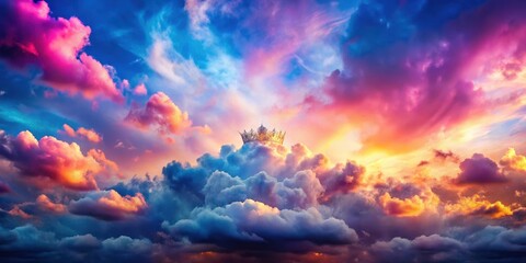 Vibrant cloud iridescence shines like a celestial crown in the bright blue sky with hues of pink and purple, nature wonder, shimmering clouds