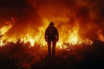 Fototapeta premium Firefighter battling a large wildfire in a remote area during the evening hours as flames engulf the landscape