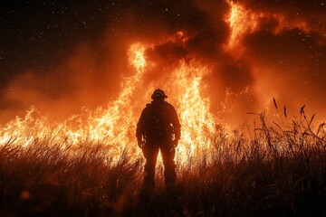 Fototapeta premium Firefighter facing a large wildfire under a night sky with sparks illuminating the landscape