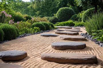 A serene garden path featuring smooth stones, surrounded by lush greenery and meticulously raked sand, creating a peaceful atmosphere.