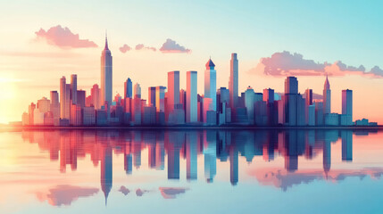 Fototapeta premium Illustration of modern buildings and city skyline reflections at dusk