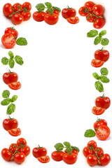 Tomatoes and basil. Tomato - vegetables frame with copy space.