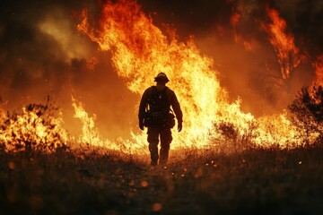 Fototapeta premium Firefighter confronting a raging wildfire during an intense blaze at sunset in a forested area