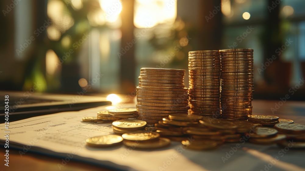 Aufkleber a close-up view of stacked coins on a table, illuminated by warm sunlight, creating a serene atmosph